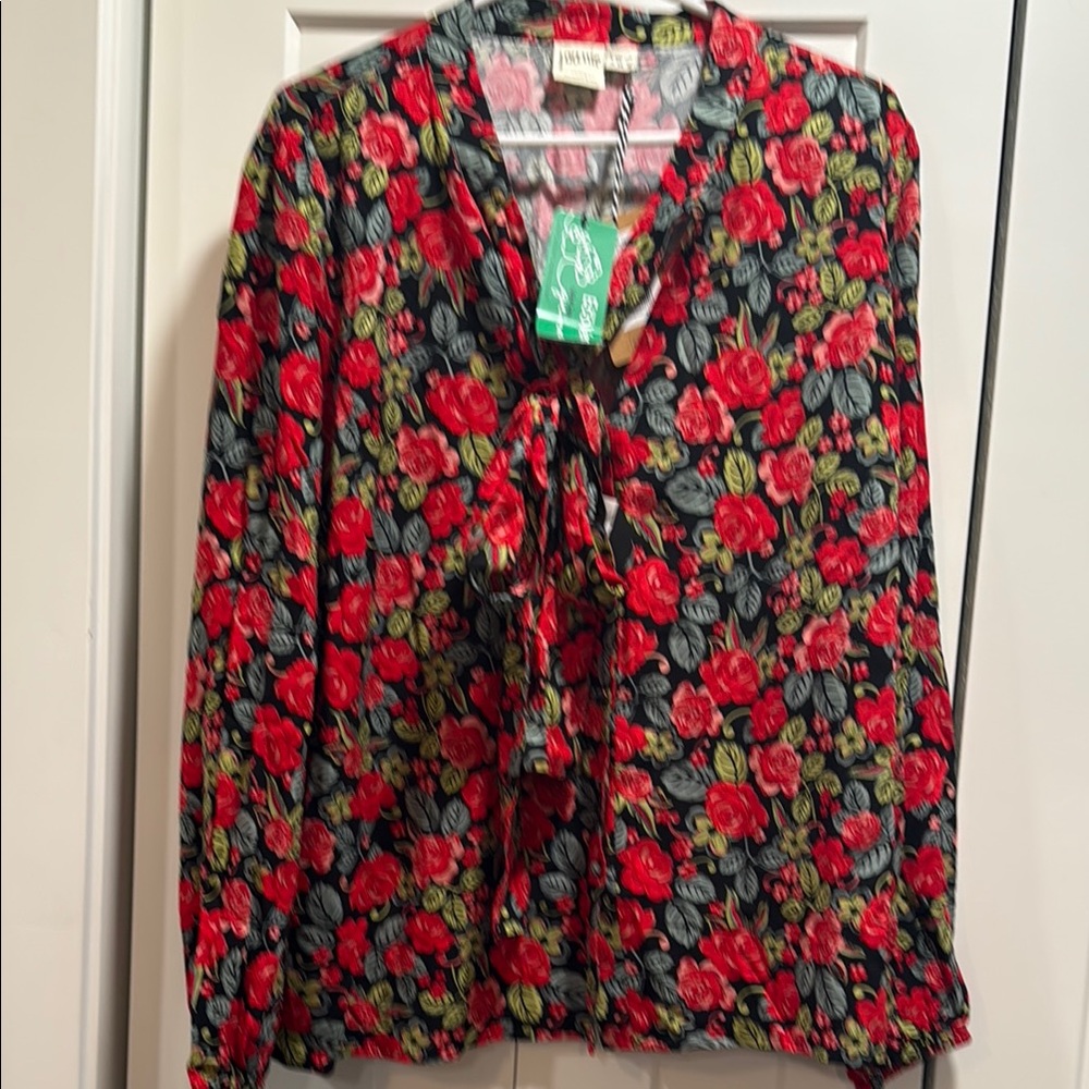 Red and Green Long Sleeve Tie Front Blouse